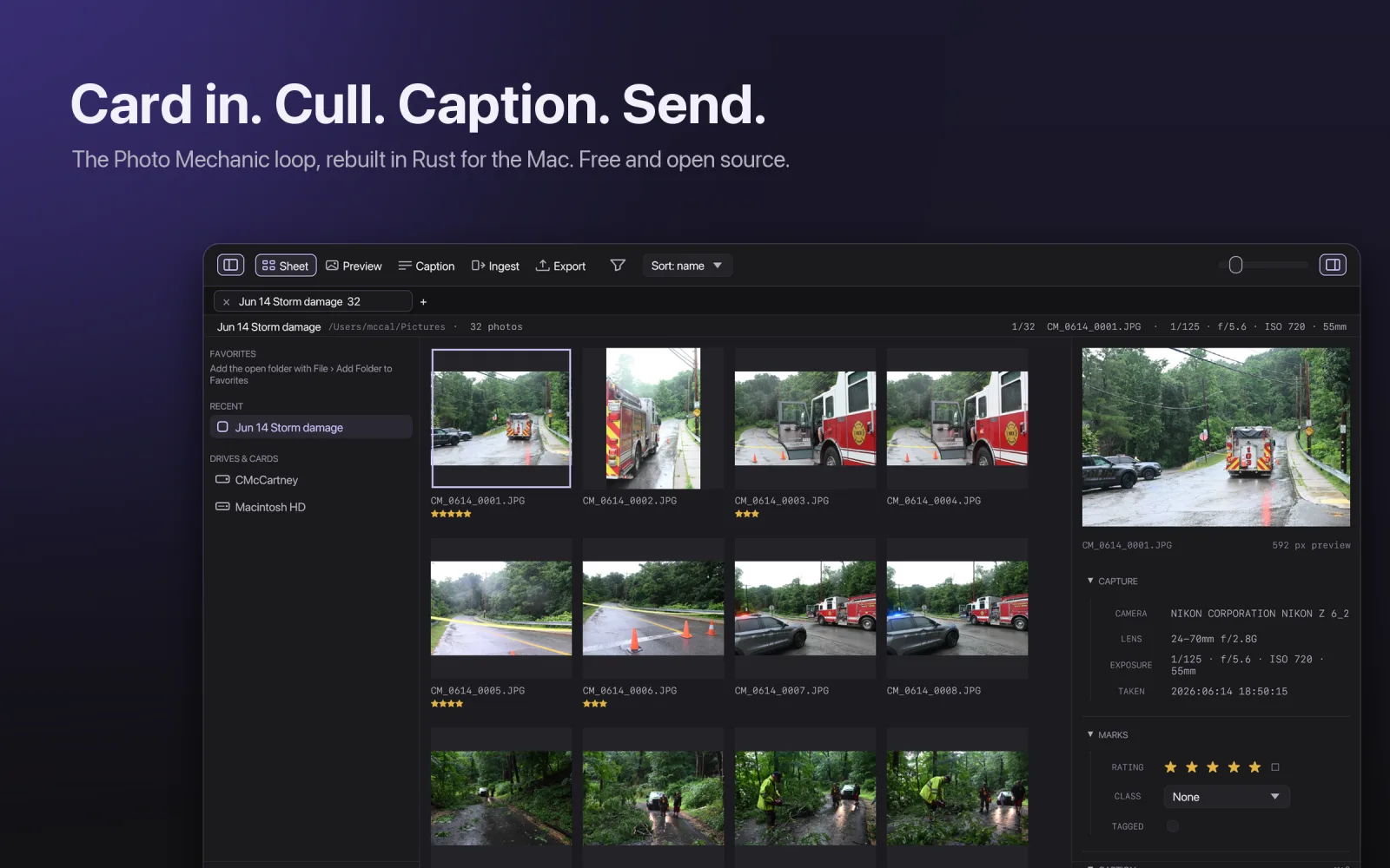 Card in. Cull. Caption. Send. The Apature contact sheet in the dark appearance with a storm-damage assignment open.