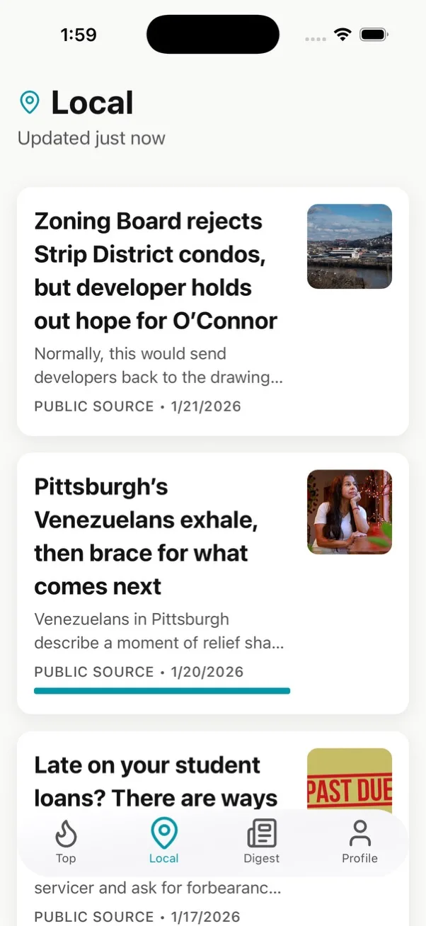 Abridgd Local tab listing the day’s Pittsburgh stories, each with its source.