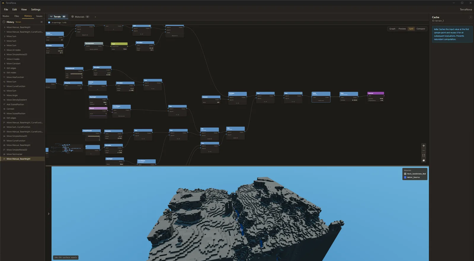 TerraNova editor with the node graph on top, a 3D voxel terrain preview below it, the inspector on the right, and edit history on the left.