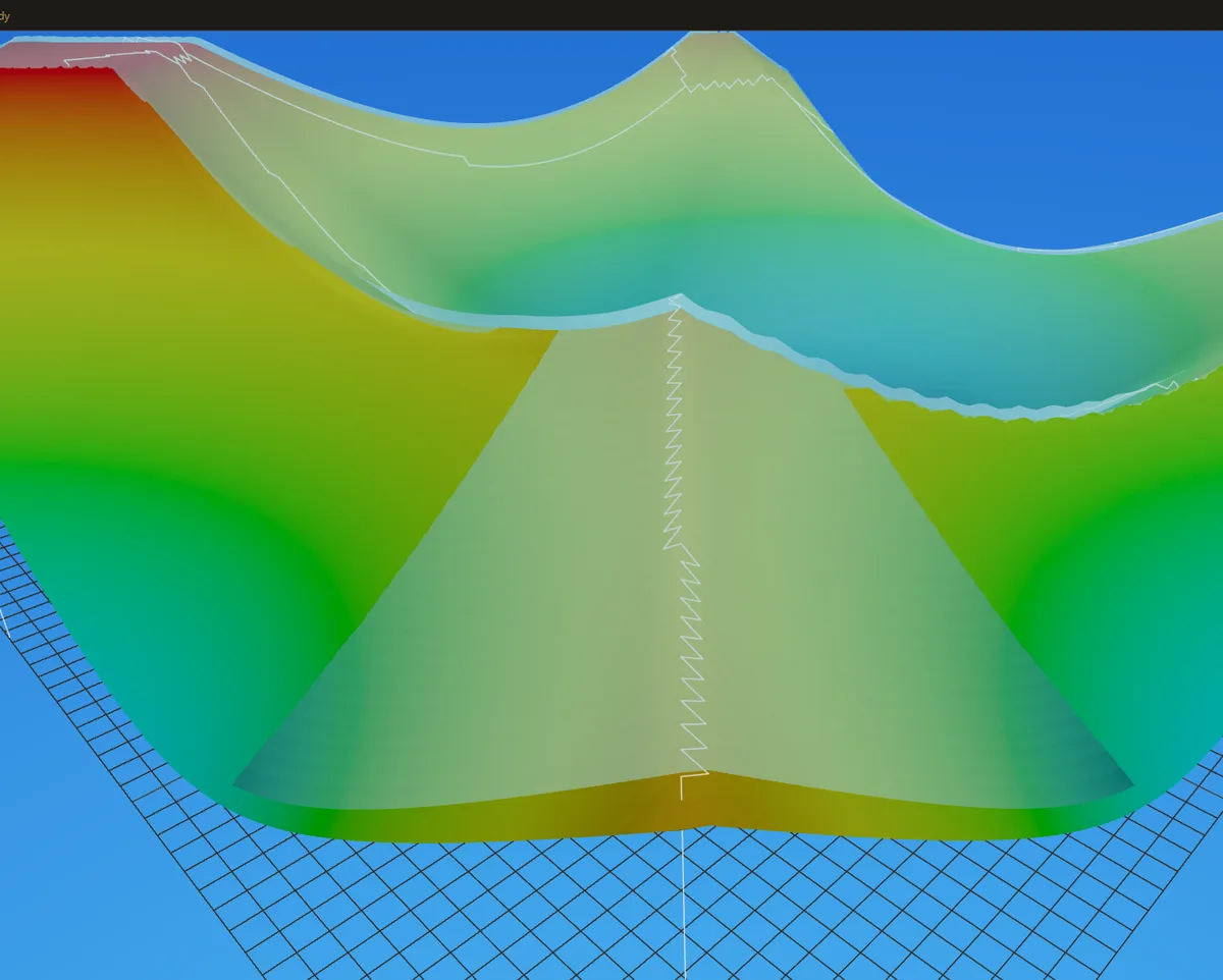 TerraNova 3D shape preview of a terrain density field, shaded from red peaks to blue lows.